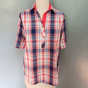 Vintage cotton plaid, half button shirt. Square One. Large- see msrmnts